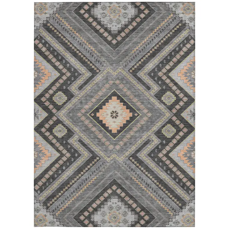 9' X 12' Gray Charcoal And Pink Tribal Washable Indoor Outdoor Area Rug