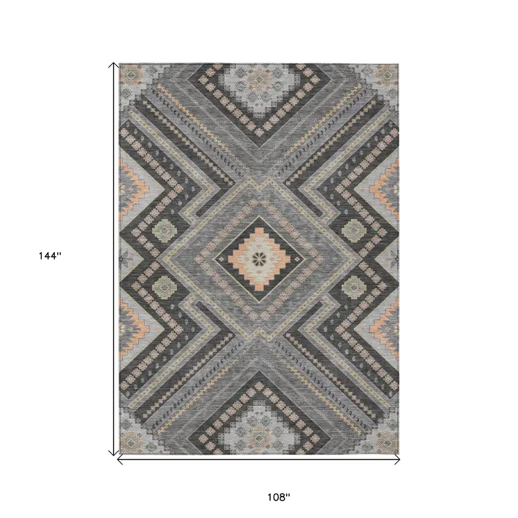 9' X 12' Gray Charcoal And Pink Tribal Washable Indoor Outdoor Area Rug