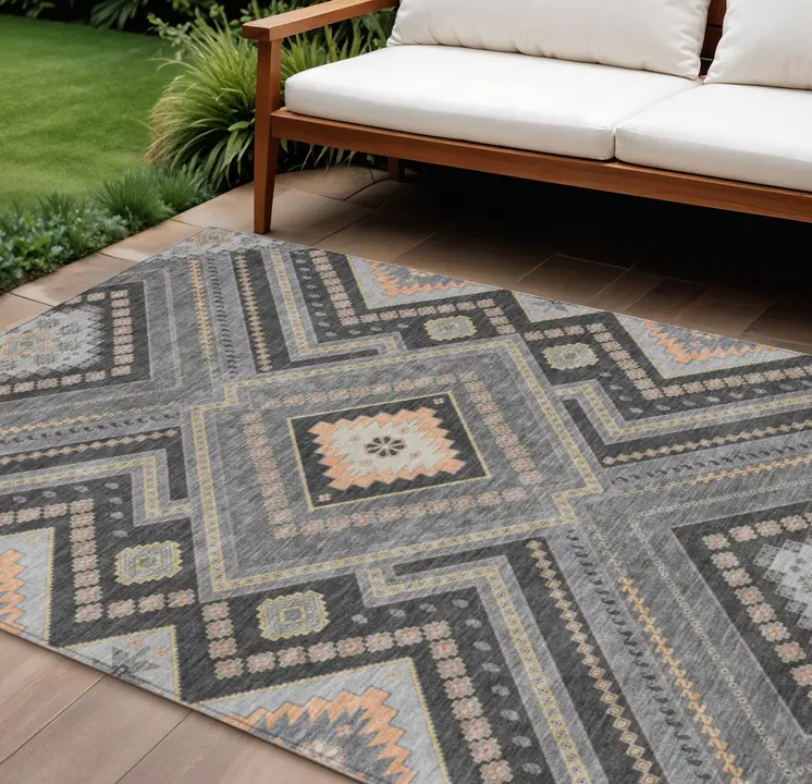 9' X 12' Gray Charcoal And Pink Tribal Washable Indoor Outdoor Area Rug