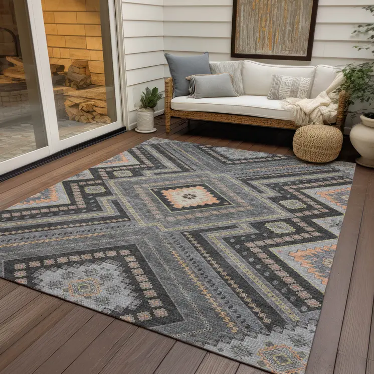 9' X 12' Gray Charcoal And Pink Tribal Washable Indoor Outdoor Area Rug