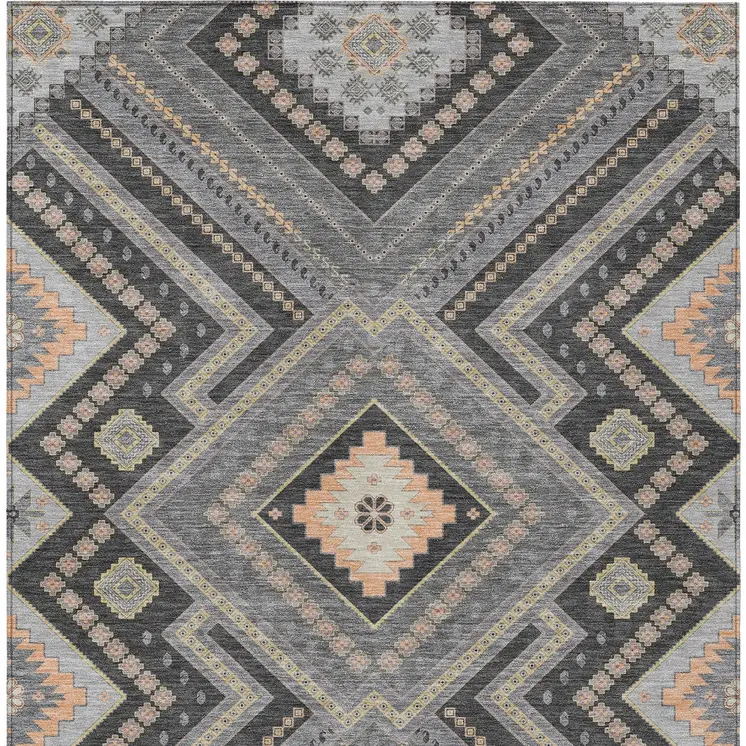 9' X 12' Gray Charcoal And Pink Tribal Washable Indoor Outdoor Area Rug