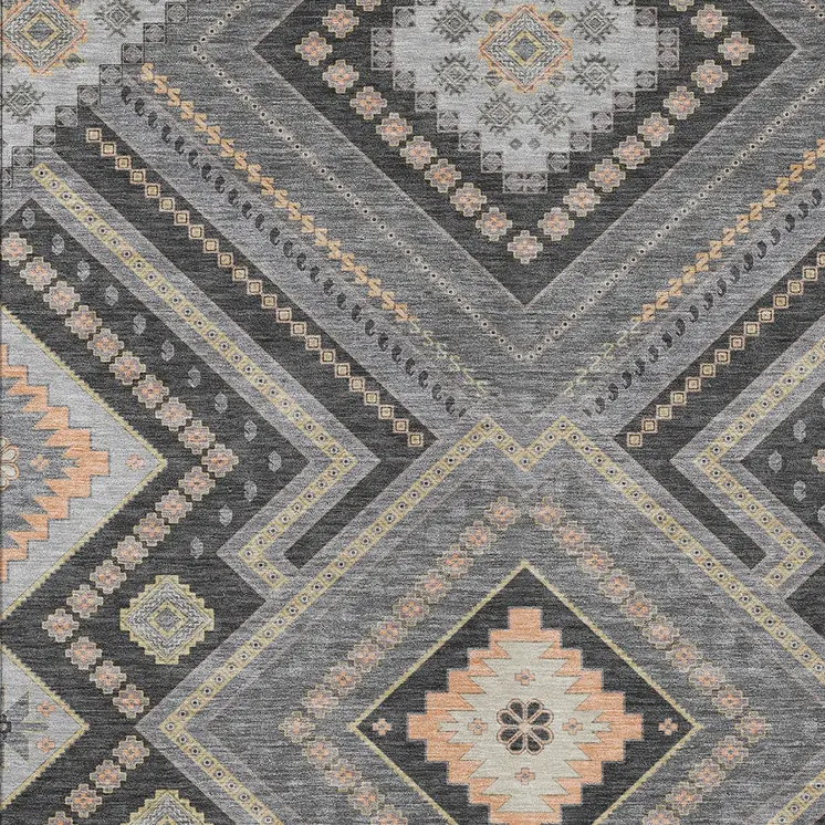 10' X 14' Gray Charcoal And Pink Tribal Washable Indoor Outdoor Area Rug