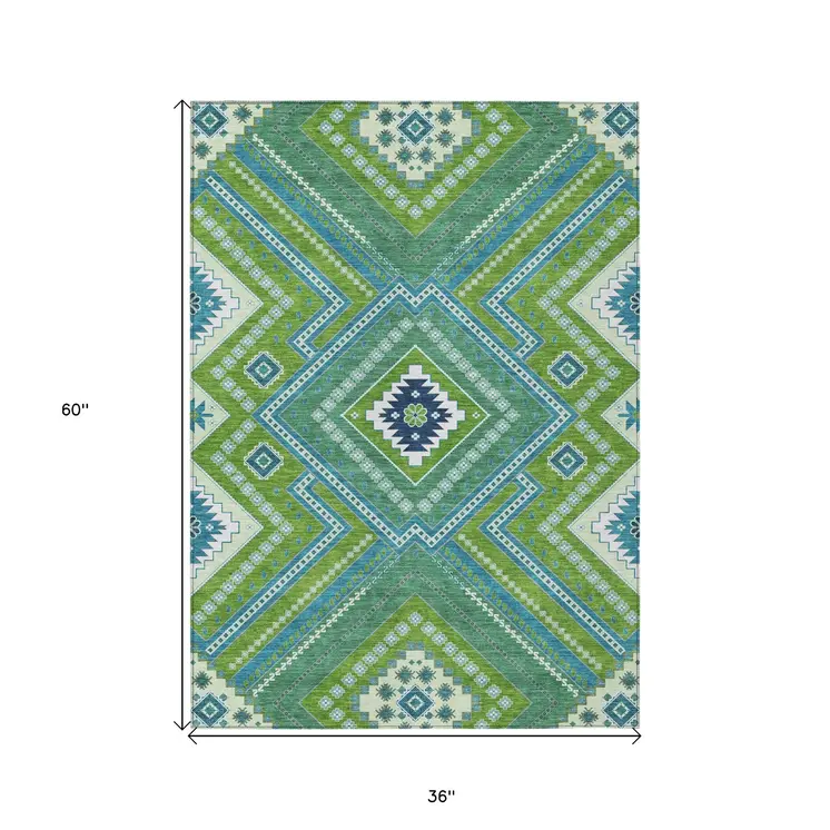 3' X 5' Lime Green Aqua And Ivory Tribal Washable Indoor Outdoor Area Rug