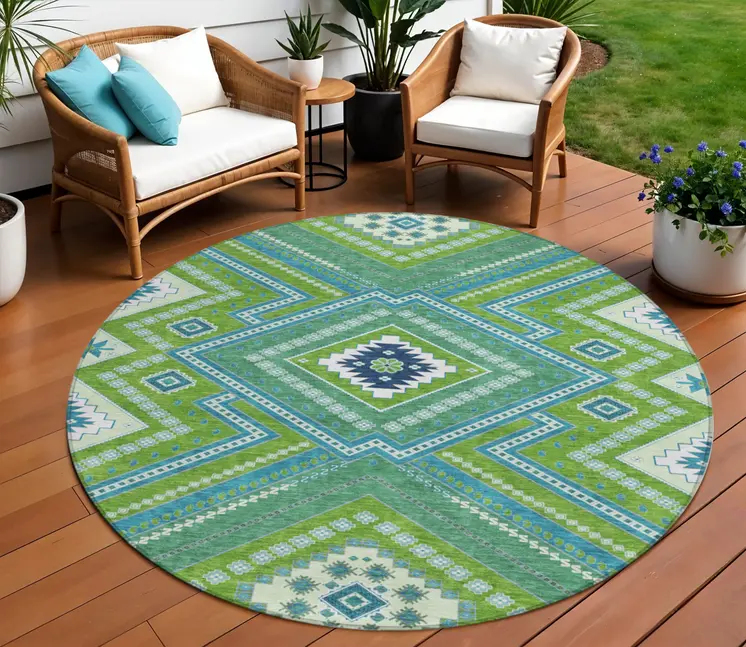 8' Lime Green Aqua And Ivory Round Tribal Washable Indoor Outdoor Area Rug