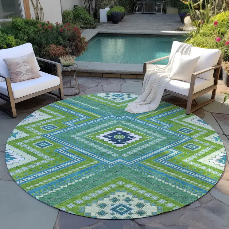 8' Lime Green Aqua And Ivory Round Tribal Washable Indoor Outdoor Area Rug