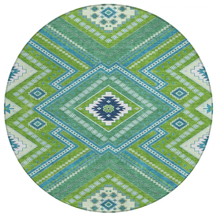 8' Lime Green Aqua And Ivory Round Tribal Washable Indoor Outdoor Area Rug