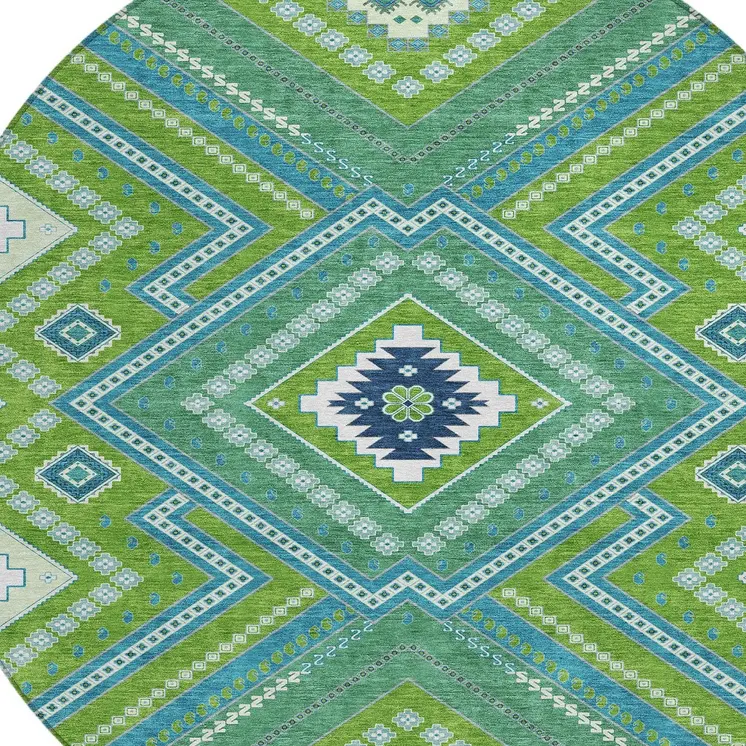 8' Lime Green Aqua And Ivory Round Tribal Washable Indoor Outdoor Area Rug