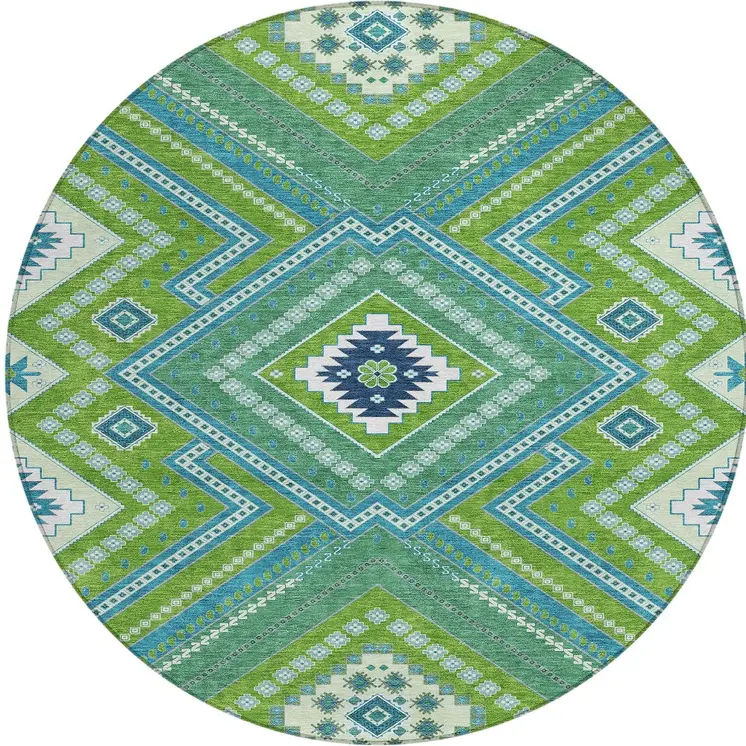 8' Lime Green Aqua And Ivory Round Tribal Washable Indoor Outdoor Area Rug