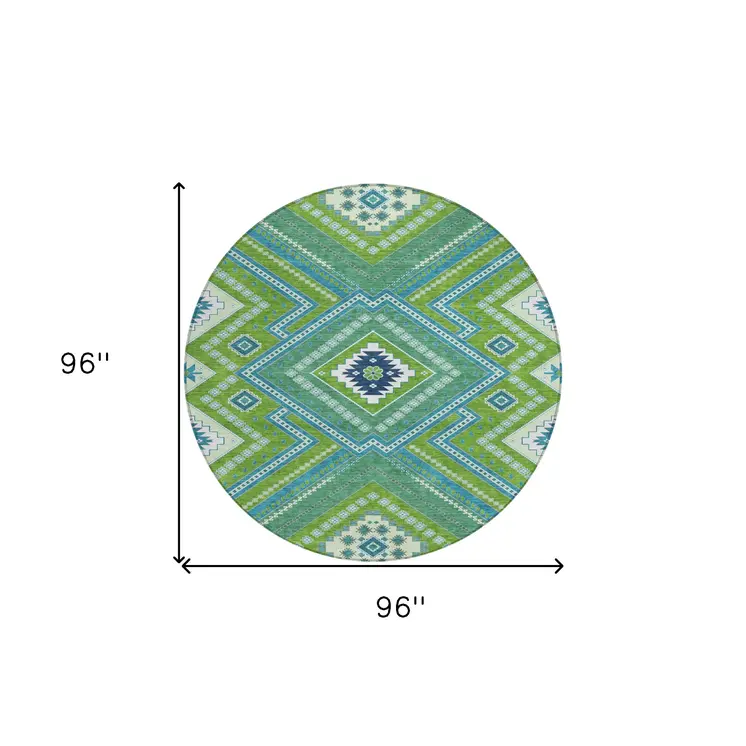 8' Lime Green Aqua And Ivory Round Tribal Washable Indoor Outdoor Area Rug