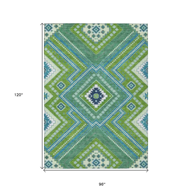 8' X 10' Lime Green Aqua And Ivory Tribal Washable Indoor Outdoor Area Rug