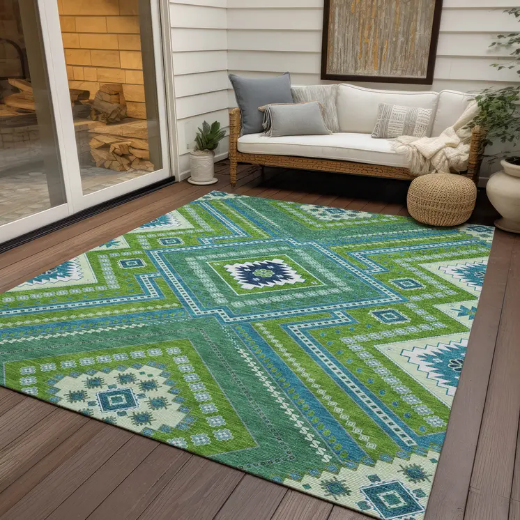 8' X 10' Lime Green Aqua And Ivory Tribal Washable Indoor Outdoor Area Rug