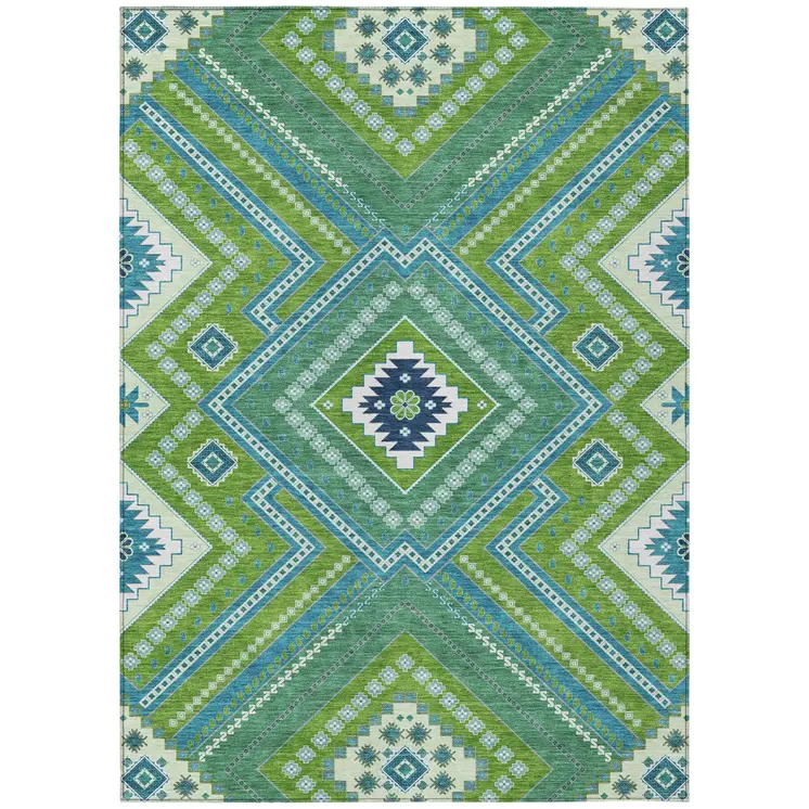 8' X 10' Lime Green Aqua And Ivory Tribal Washable Indoor Outdoor Area Rug