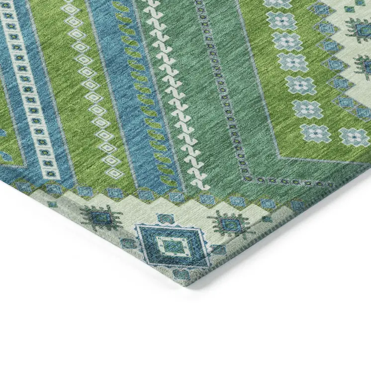 9' X 12' Lime Green Aqua And Ivory Tribal Washable Indoor Outdoor Area Rug