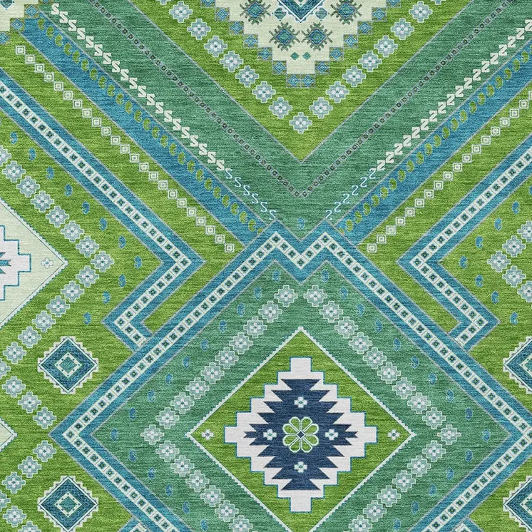 9' X 12' Lime Green Aqua And Ivory Tribal Washable Indoor Outdoor Area Rug