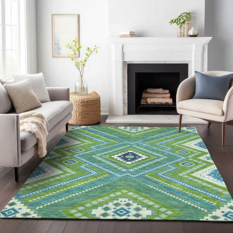 9' X 12' Lime Green Aqua And Ivory Tribal Washable Indoor Outdoor Area Rug