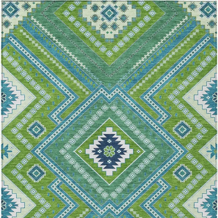 10' X 14' Lime Green Aqua And Ivory Tribal Washable Indoor Outdoor Area Rug