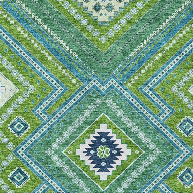 10' X 14' Lime Green Aqua And Ivory Tribal Washable Indoor Outdoor Area Rug