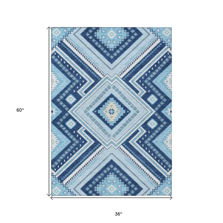 3' X 5' Navy Blue Aqua And Ivory Tribal Washable Indoor Outdoor Area Rug
