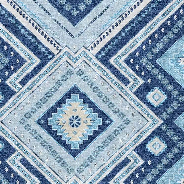 3' X 5' Navy Blue Aqua And Ivory Tribal Washable Indoor Outdoor Area Rug