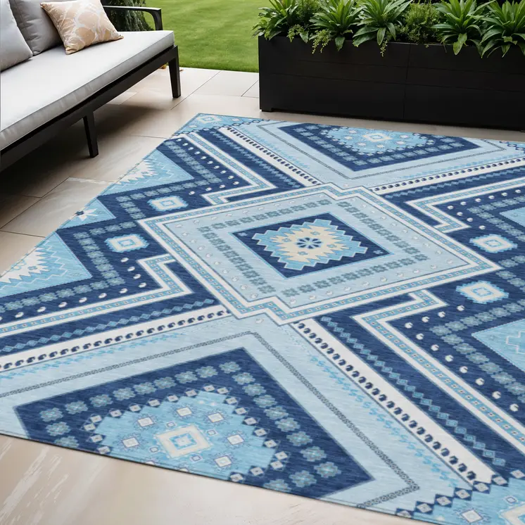 5' X 8' Navy Blue Aqua And Ivory Tribal Washable Indoor Outdoor Area Rug