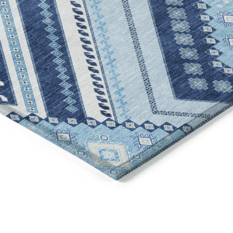 5' X 8' Navy Blue Aqua And Ivory Tribal Washable Indoor Outdoor Area Rug