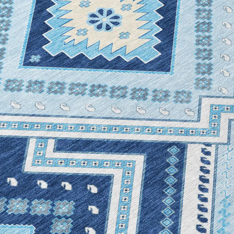 5' X 8' Navy Blue Aqua And Ivory Tribal Washable Indoor Outdoor Area Rug