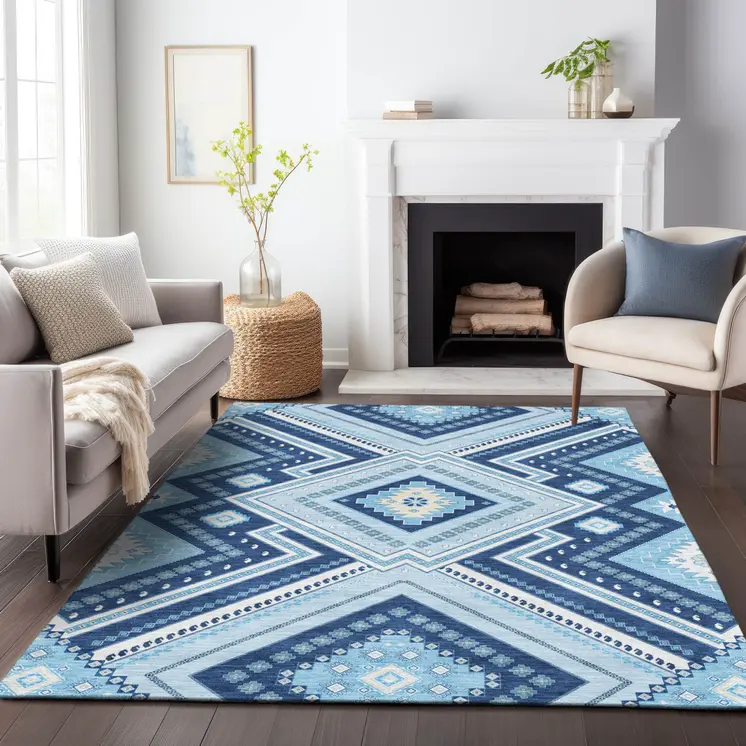 5' X 8' Navy Blue Aqua And Ivory Tribal Washable Indoor Outdoor Area Rug