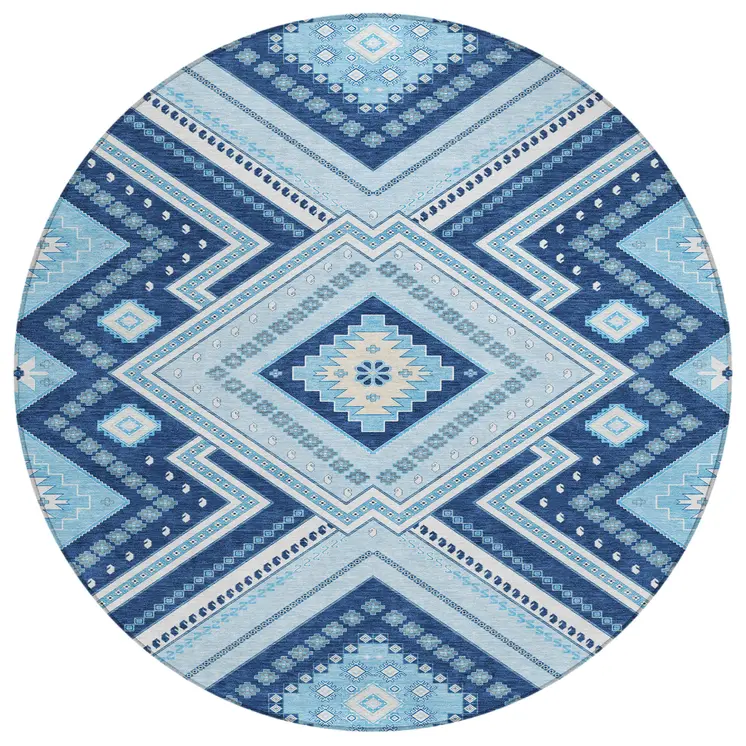 8' Navy Blue Round Tribal Washable Indoor Outdoor Area Rug