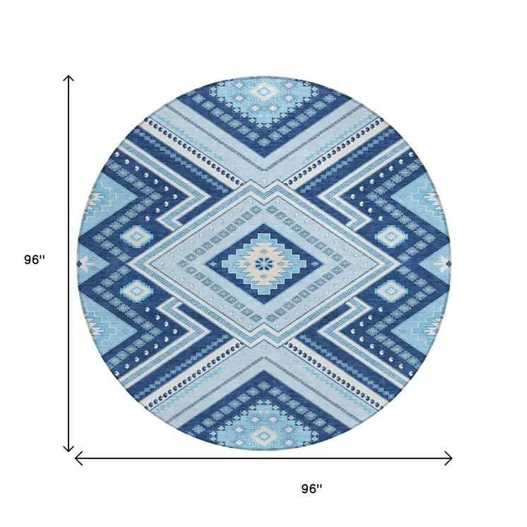 8' Navy Blue Round Tribal Washable Indoor Outdoor Area Rug