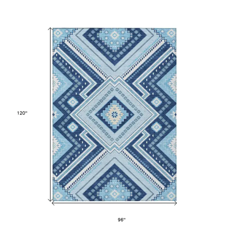 8' X 10' Navy Blue Aqua And Ivory Tribal Washable Indoor Outdoor Area Rug