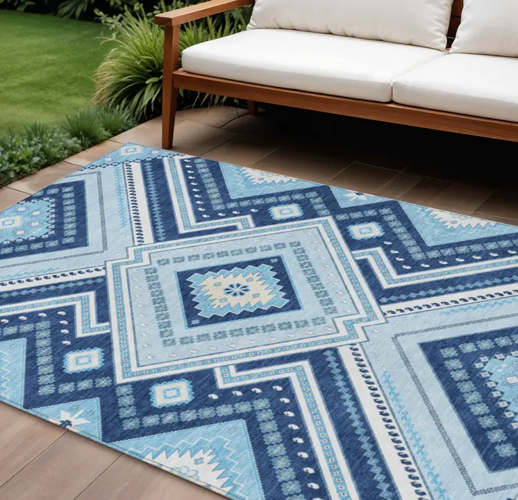 8' X 10' Navy Blue Aqua And Ivory Tribal Washable Indoor Outdoor Area Rug