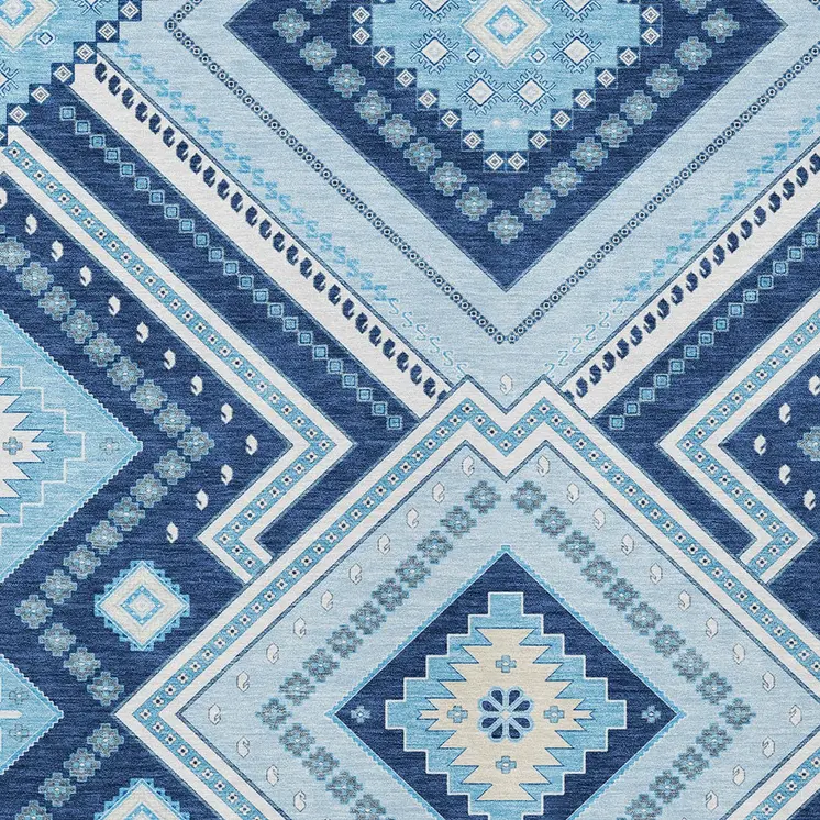 8' X 10' Navy Blue Aqua And Ivory Tribal Washable Indoor Outdoor Area Rug