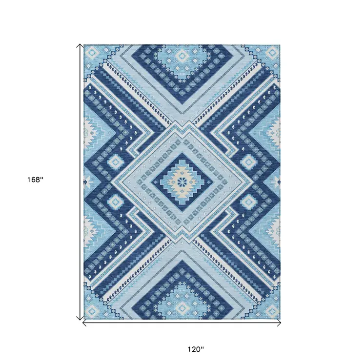 10' X 14' Navy Blue Aqua And Ivory Tribal Washable Indoor Outdoor Area Rug