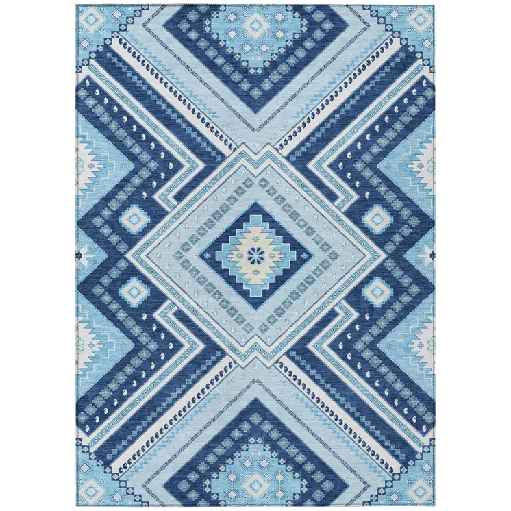 10' X 14' Navy Blue Aqua And Ivory Tribal Washable Indoor Outdoor Area Rug