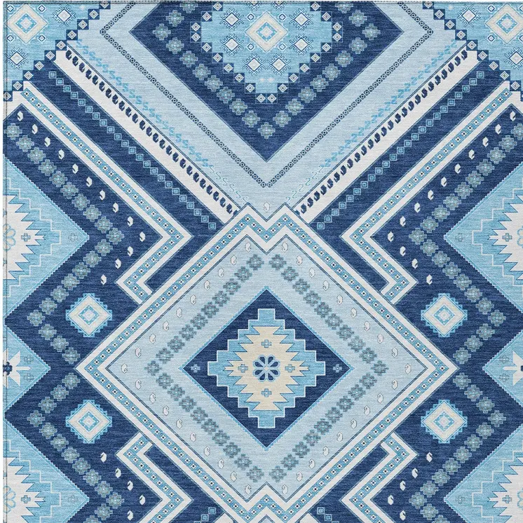 10' X 14' Navy Blue Aqua And Ivory Tribal Washable Indoor Outdoor Area Rug