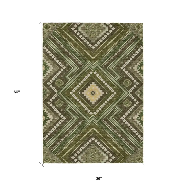 3' X 5' Olive Green Gray And Ivory Tribal Washable Indoor Outdoor Area Rug