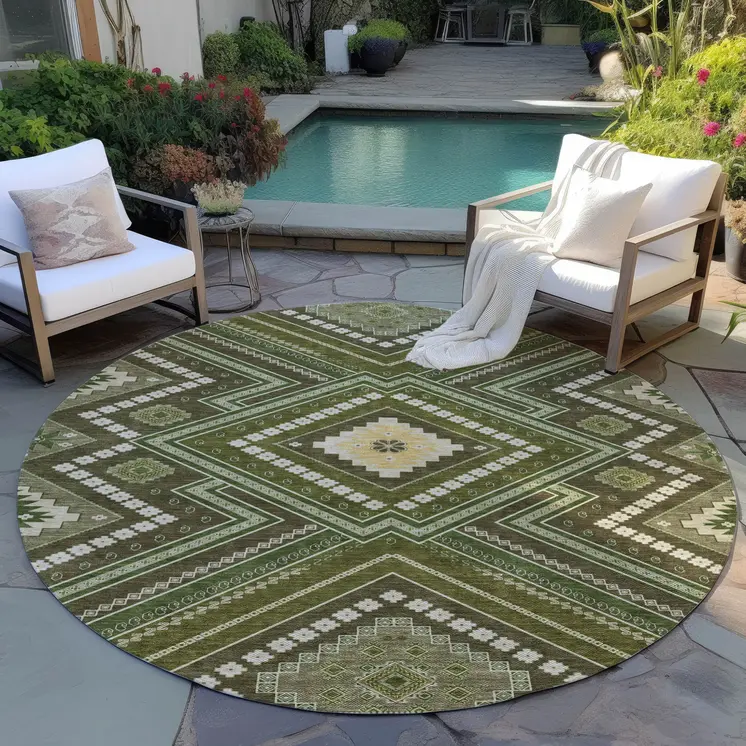 8' Olive Green Gray And Ivory Round Tribal Washable Indoor Outdoor Area Rug