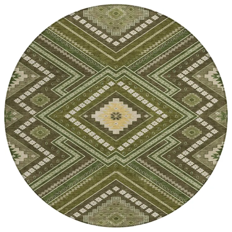 8' Olive Green Gray And Ivory Round Tribal Washable Indoor Outdoor Area Rug