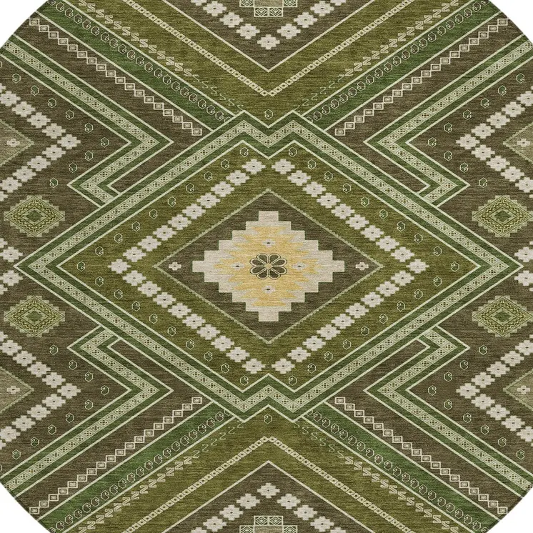 8' Olive Green Gray And Ivory Round Tribal Washable Indoor Outdoor Area Rug