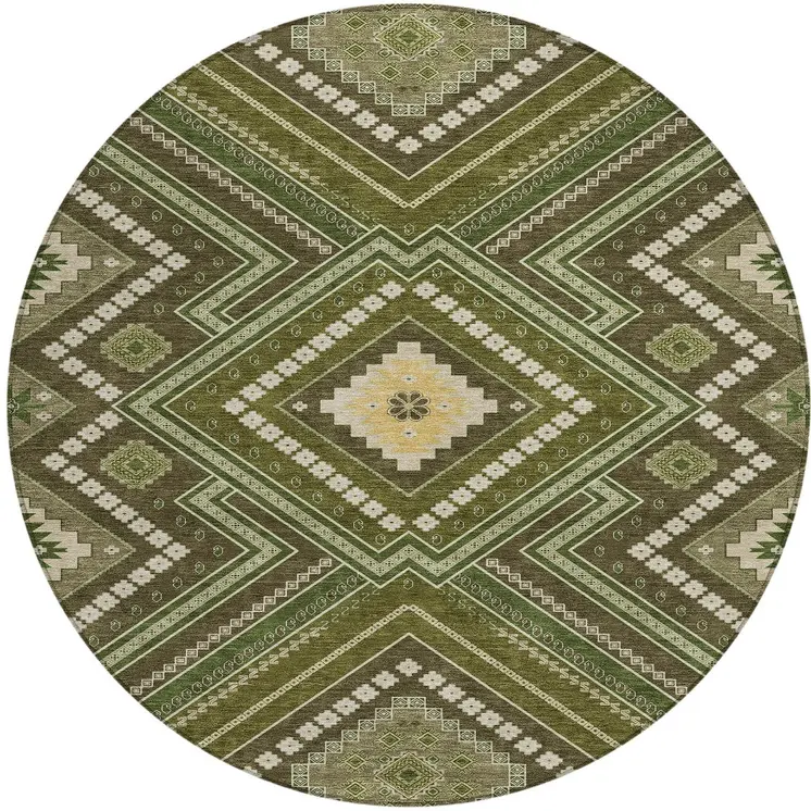 8' Olive Green Gray And Ivory Round Tribal Washable Indoor Outdoor Area Rug