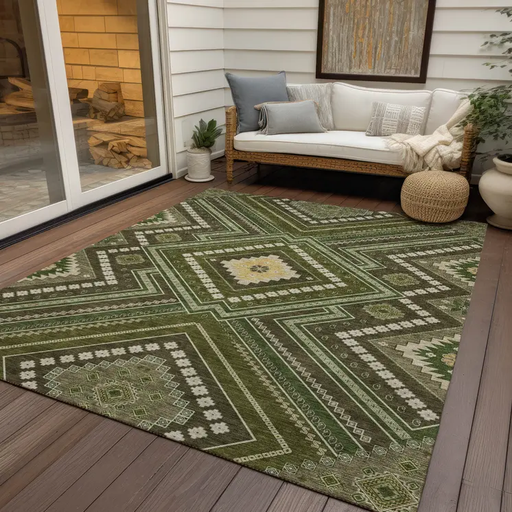 8' X 10' Olive Green Gray And Ivory Tribal Washable Indoor Outdoor Area Rug