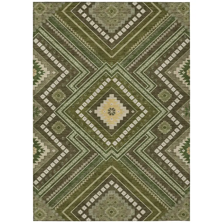8' X 10' Olive Green Gray And Ivory Tribal Washable Indoor Outdoor Area Rug