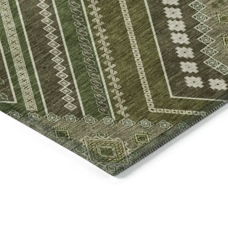 8' X 10' Olive Green Gray And Ivory Tribal Washable Indoor Outdoor Area Rug
