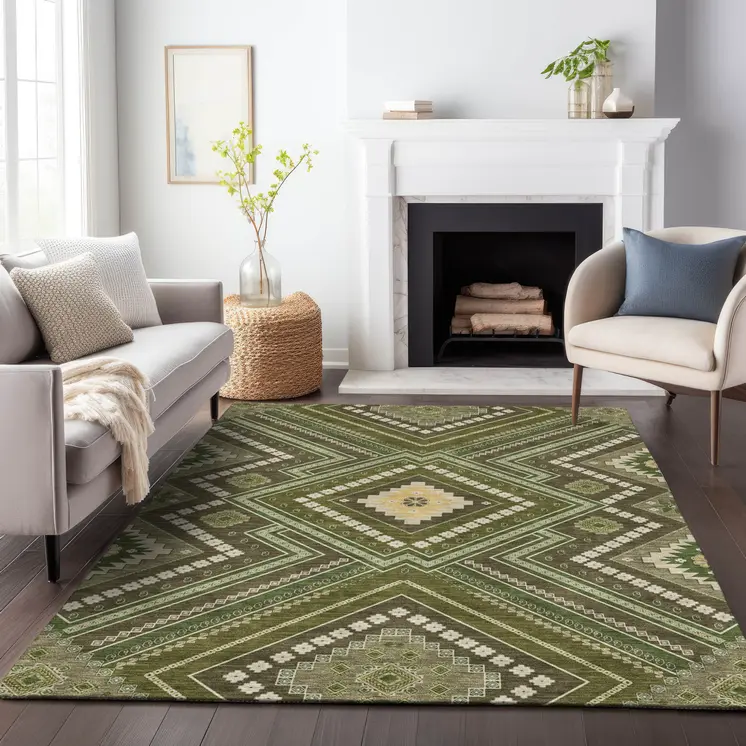 8' X 10' Olive Green Gray And Ivory Tribal Washable Indoor Outdoor Area Rug