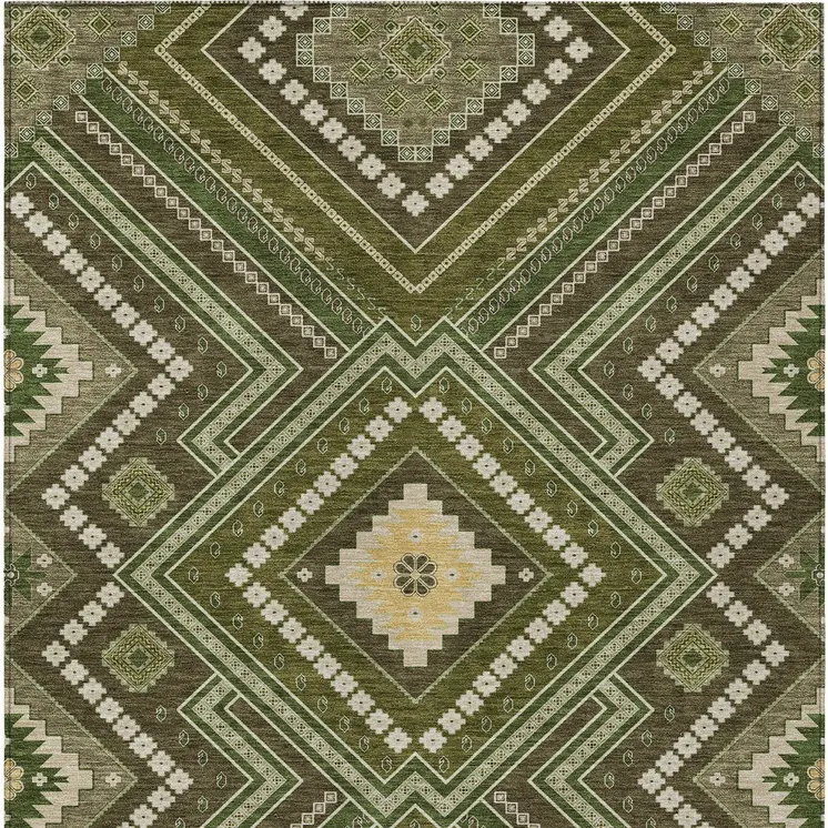 9' X 12' Olive Green Gray And Ivory Tribal Washable Indoor Outdoor Area Rug