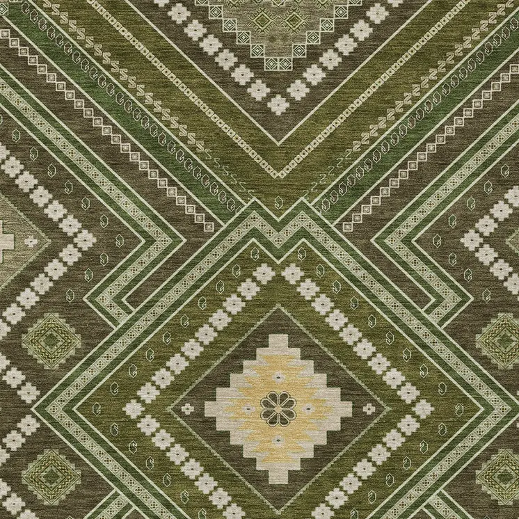 9' X 12' Olive Green Gray And Ivory Tribal Washable Indoor Outdoor Area Rug
