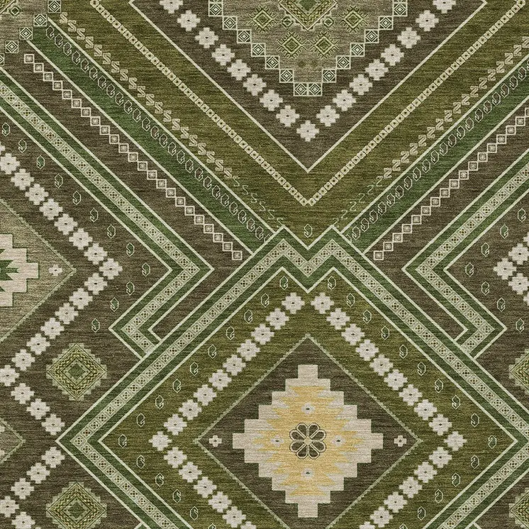 10' X 14' Olive Green Gray And Ivory Tribal Washable Indoor Outdoor Area Rug