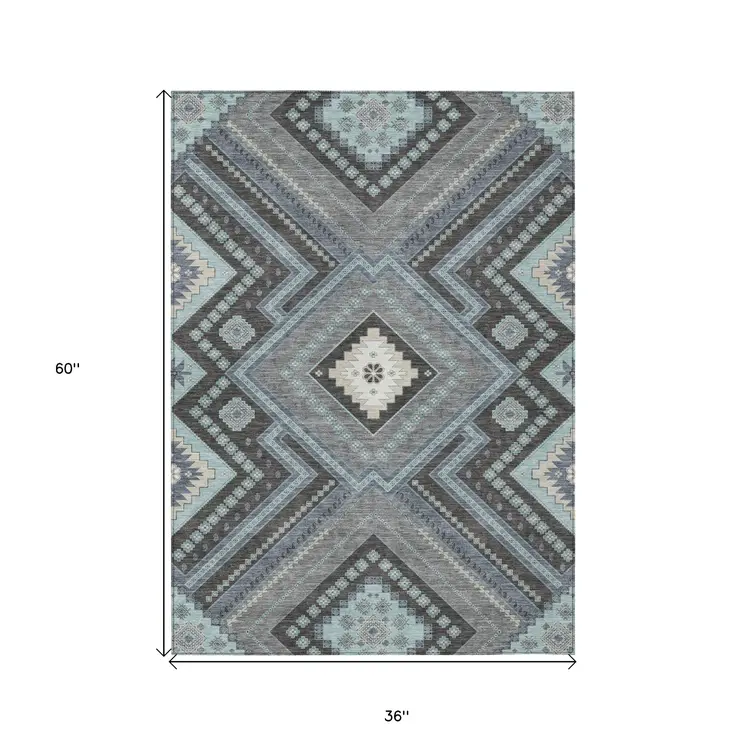 3' X 5' Pewter Charcoal And Sky Blue Tribal Washable Indoor Outdoor Area Rug
