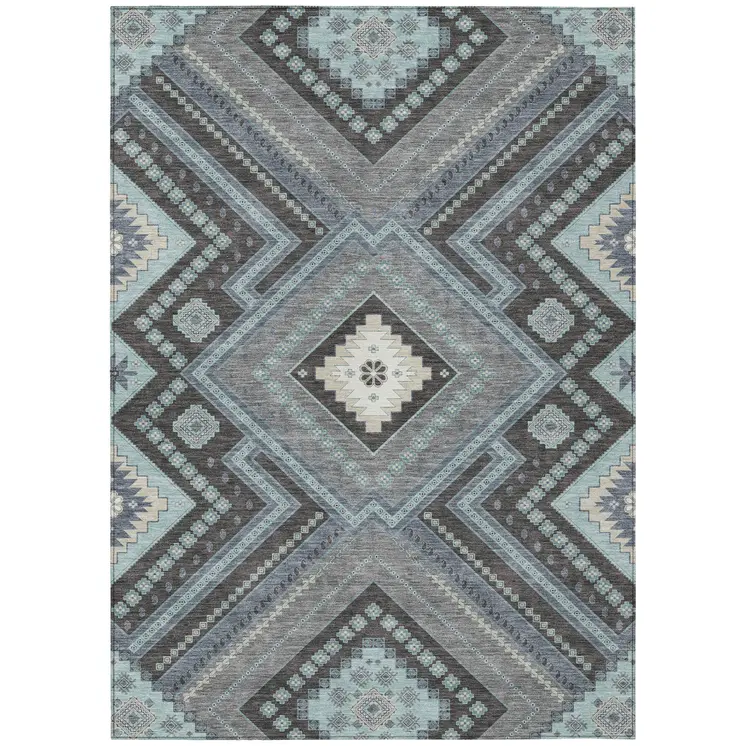 3' X 5' Pewter Charcoal And Sky Blue Tribal Washable Indoor Outdoor Area Rug