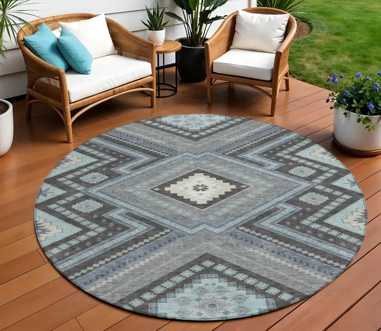 8' Pewter Charcoal And Sky Blue Round Tribal Washable Indoor Outdoor Area Rug
